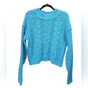 Free People Aqua Blue Chunky Knit Crop Sweater Boho Ribbed Cuffs Costal XL